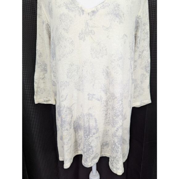 J. JILL! FINE LINEN! FLORAL CREAM, GRAY LIGHTWEIGHT KNIT, V-NECK SWEATER! SZ M - Picture 4 of 9